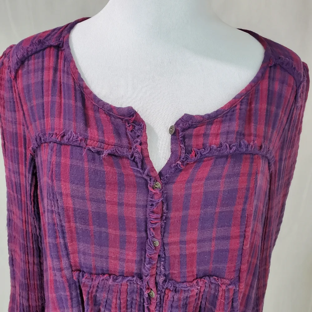 Free People Whistle While You Work Gauzy Purple Plaid Tiered Button Up Tunic Top - Picture 9 of 15